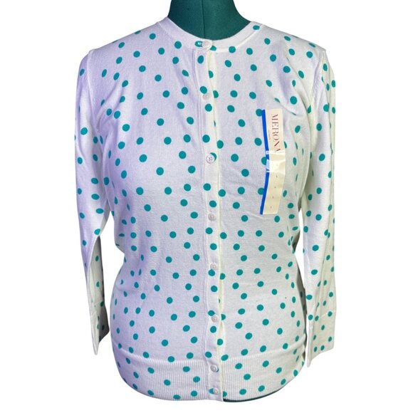 Merona White & Teal Polka Dot Cardigan Sweater Women Large Long Sleeve NWT - Picture 1 of 16